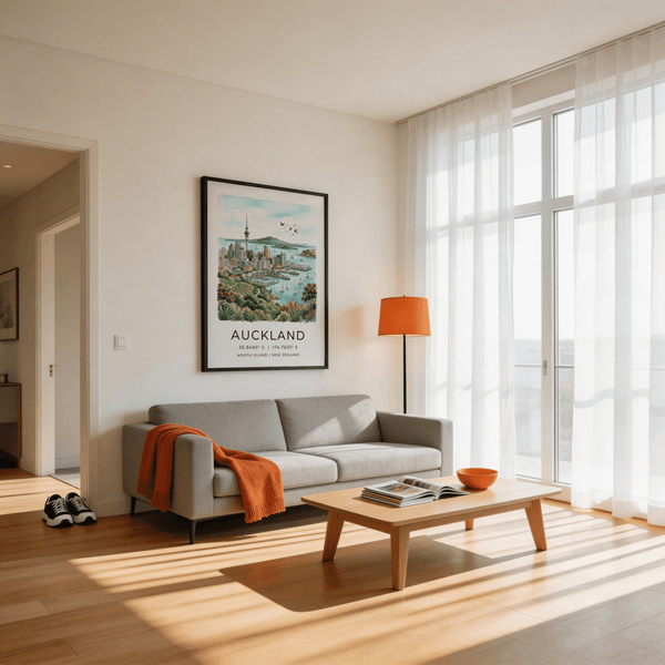 Auckland City Art Print showing harbor ferries against open water