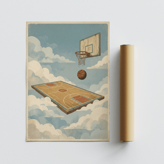 Retro cloudscape with backboard, rim, and orange ball