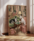 Vintage Dog Wall Art print with Black and White dog, Pink and Green room, great for entryway wall art
