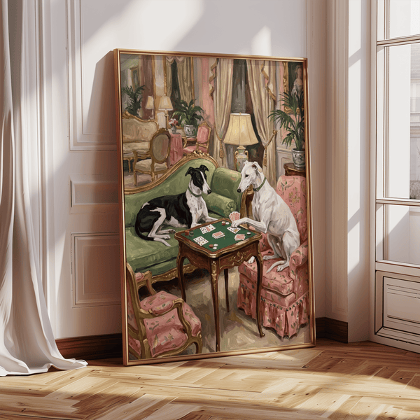 Vintage Dog Wall Art print with Black and White dog, Pink and Green room, great for entryway wall art