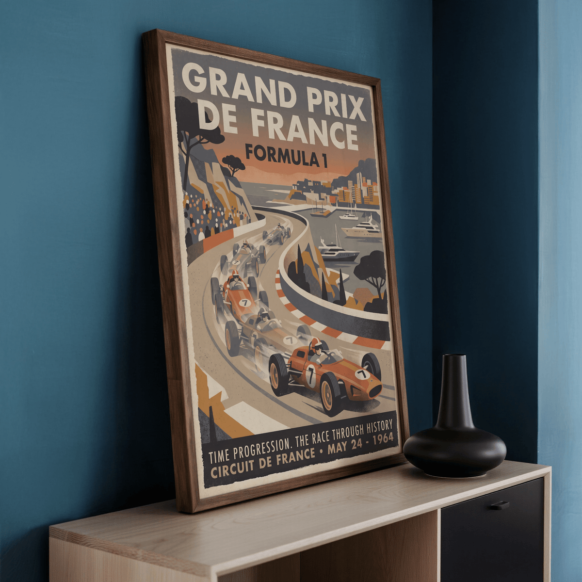 Illustrated Grand Prix scene with curved circuit and city harbor, Formula 1 Art Print