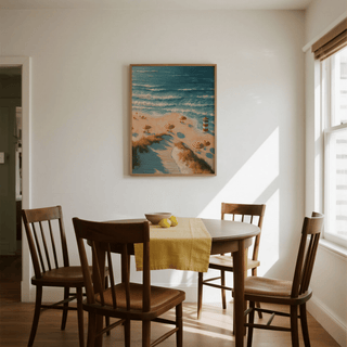 Beach Lighthouse Print coastal scene in blue and gold for hallway art