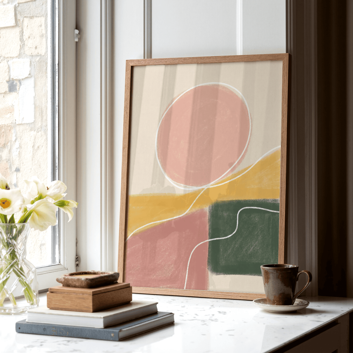 Stacked shapes artwork showing horizon band and flowing outline