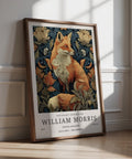 William Morris Fox Print with rust-red fox among curling floral motifs.