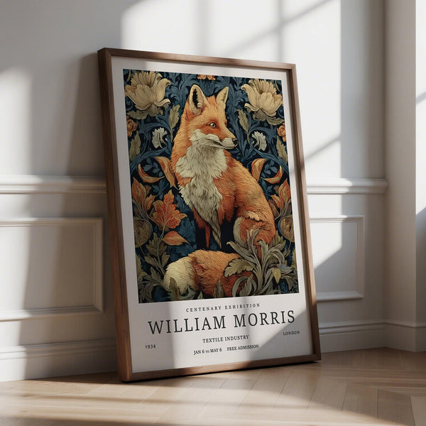 William Morris Fox Print with rust-red fox among curling floral motifs.
