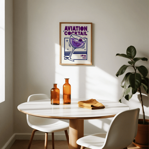 Chic Aviation Cocktail Print, Purple and Blue, for living space wall art