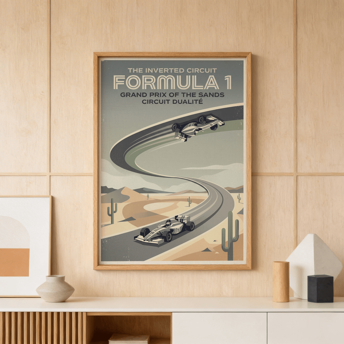 Showcasing an inverted circuit over dunes, Vintage Motorsports Poster print with two open-wheel cars and large headline text