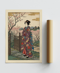 Full composition Floral Kimono Wall Art poster with central figure, gate foreground, and temple in distance