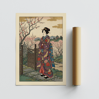Full composition Floral Kimono Wall Art poster with central figure, gate foreground, and temple in distance