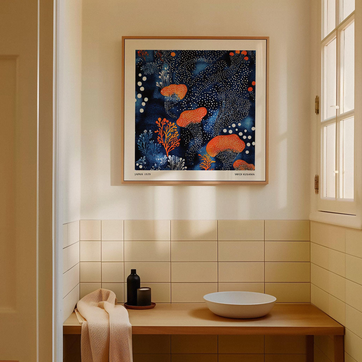 Abstract Floral Art with vivid orange flowers and pointillist white dots.