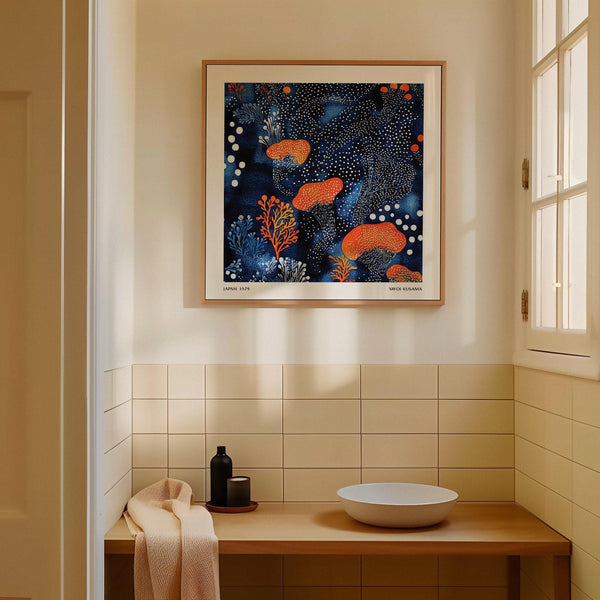 Abstract Floral Art with vivid orange flowers and pointillist white dots.