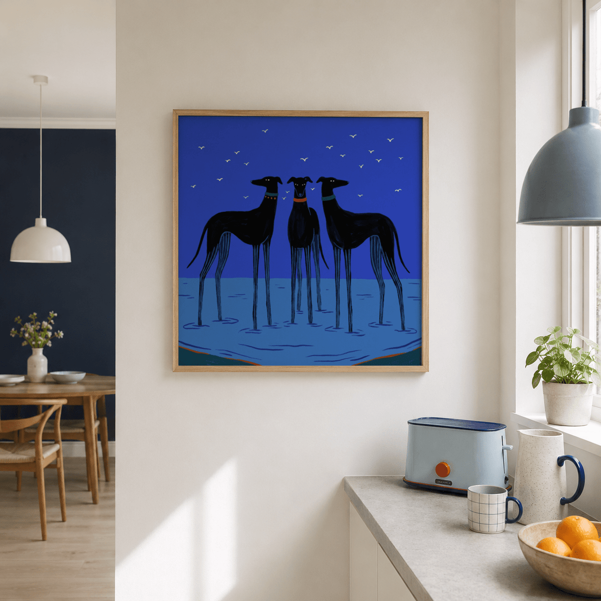 Minimal illustration of long-legged hounds standing in shallow water