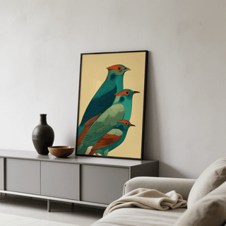 Colorful Bird Art Print showing three birds in profile with layered bodies and crisp line texture