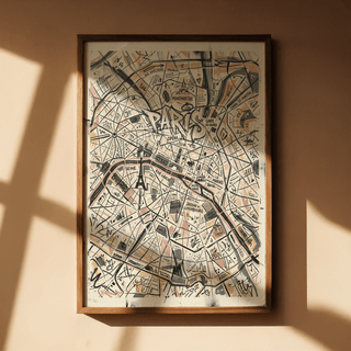 Typography-focused Paris Map Art Print showing central PARIS text and route lines