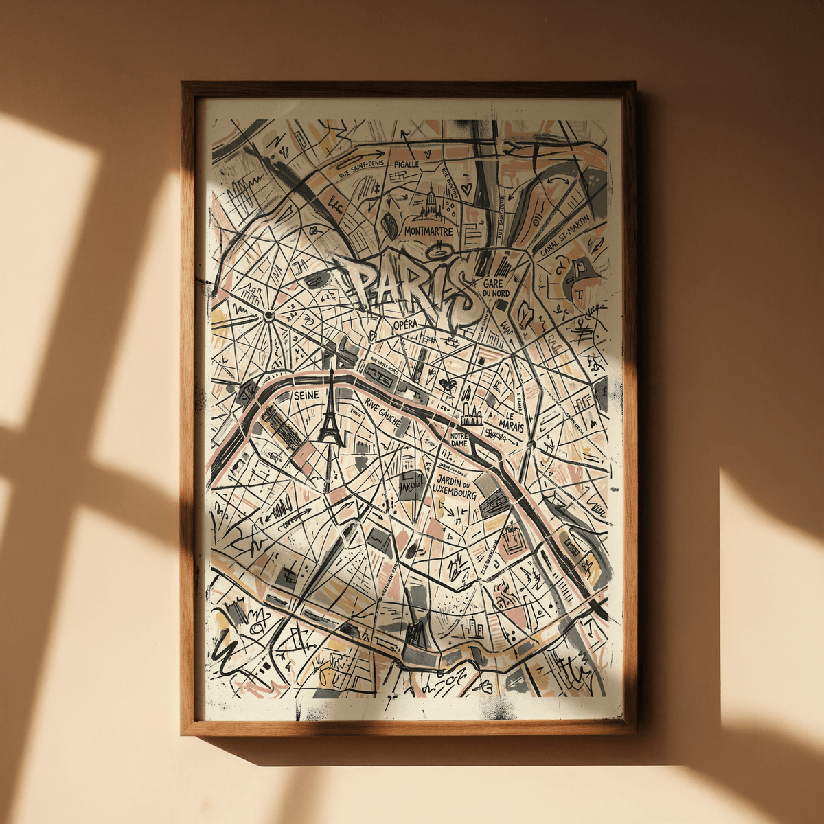 Typography-focused Paris Map Art Print showing central PARIS text and route lines