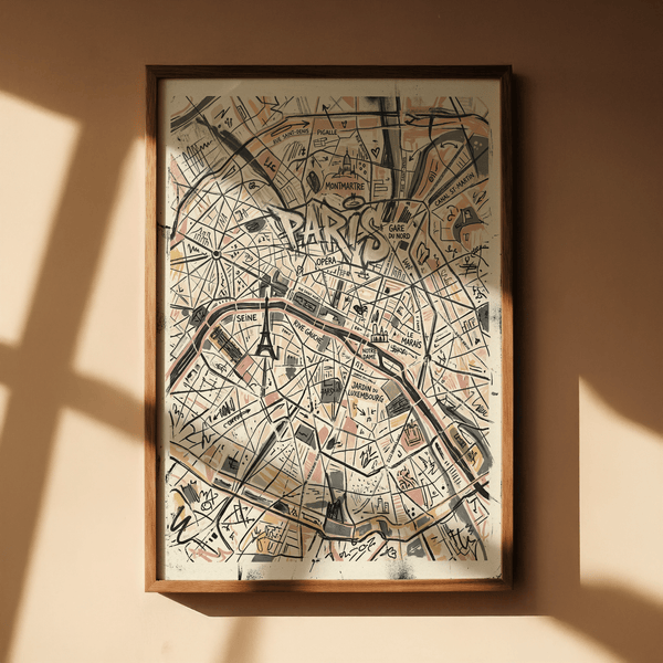 Typography-focused Paris Map Art Print showing central PARIS text and route lines