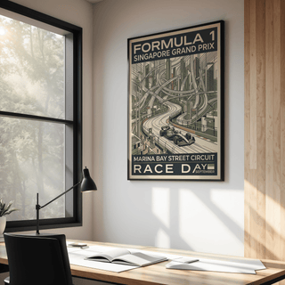 Depicting a Formula 1 car on a curving circuit with Singapore skyline, Singapore Grand Prix Print wall art poster in graphic line style