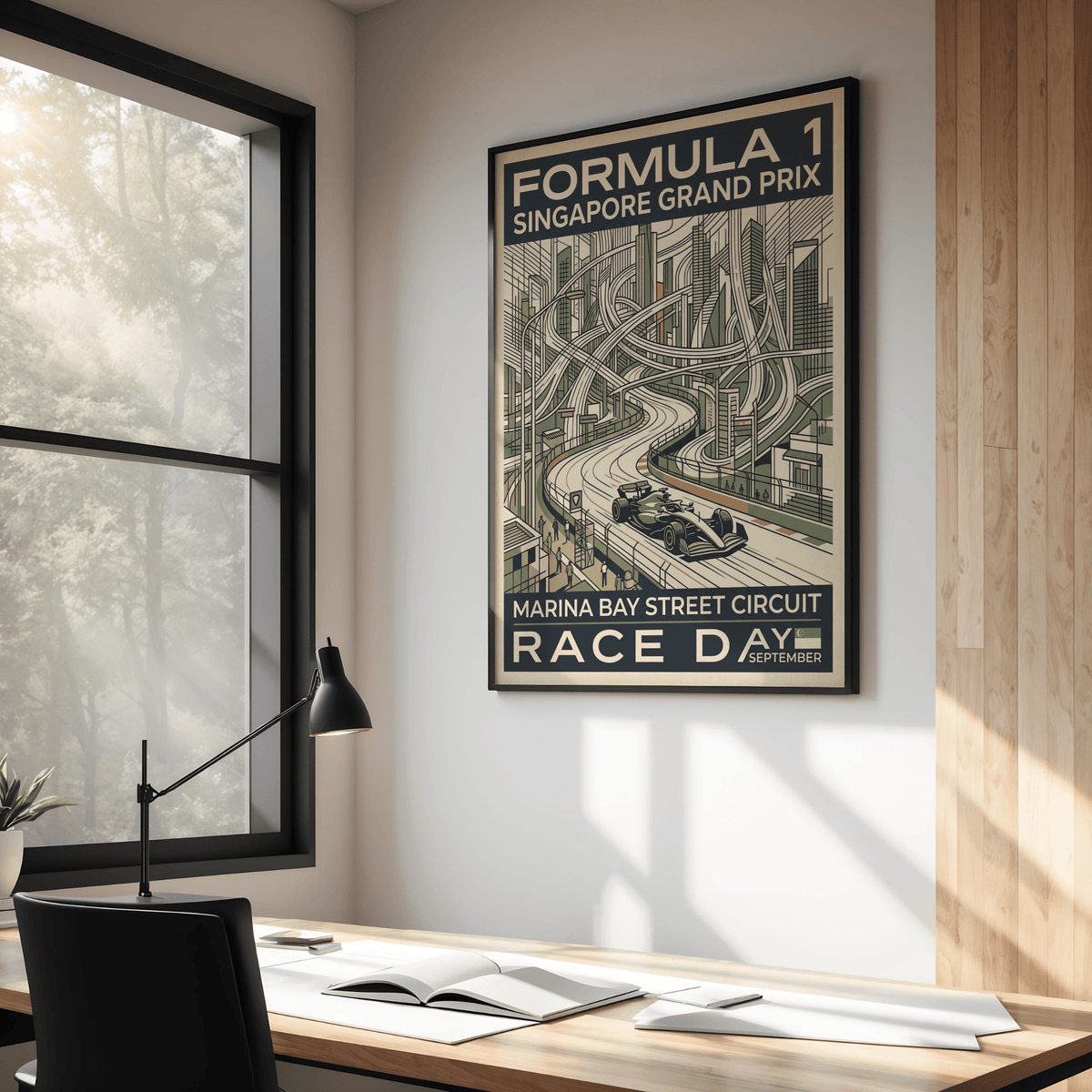 Depicting a Formula 1 car on a curving circuit with Singapore skyline, Singapore Grand Prix Print wall art poster in graphic line style