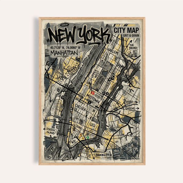 Overview of New York Graffiti Poster wall art with hand-drawn city map and bold New York lettering