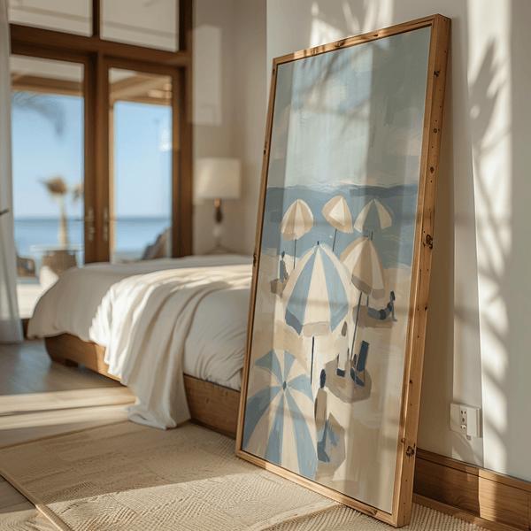 Beach Umbrella Art Print modern art poster for studio, blue, beige, white hues