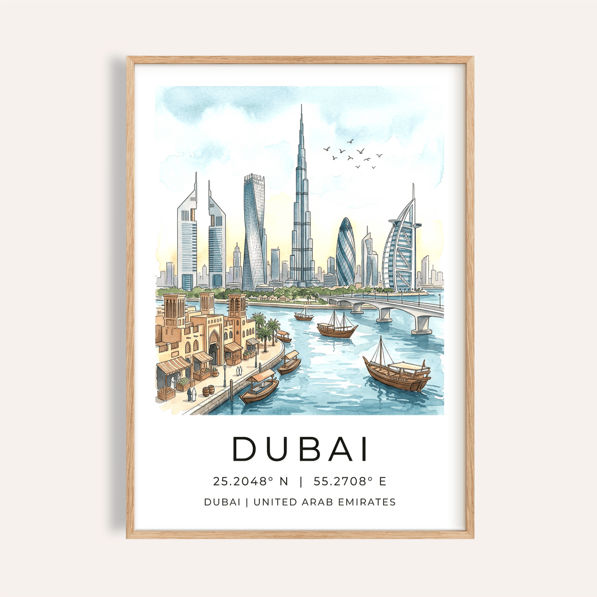 Illustrated Dubai Skyline Wall Art poster with Burj Khalifa and boats