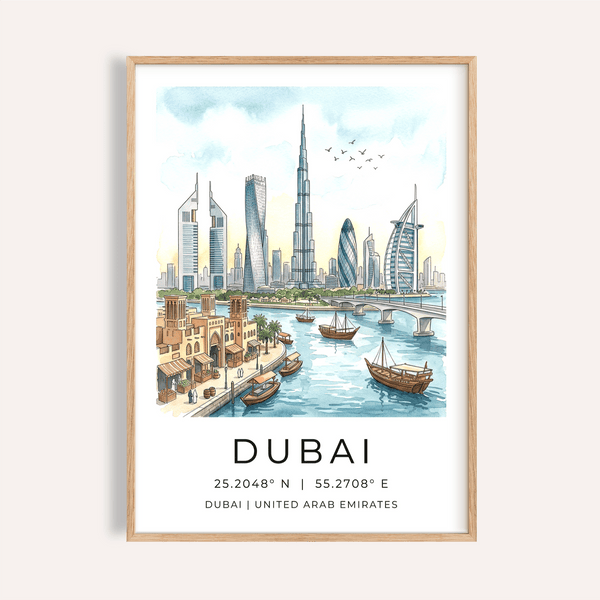 Illustrated Dubai Skyline Wall Art poster with Burj Khalifa and boats