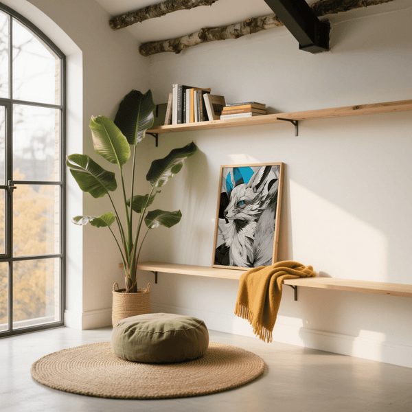 Japanese Fox Print in Black and White, designed for study or den wall art