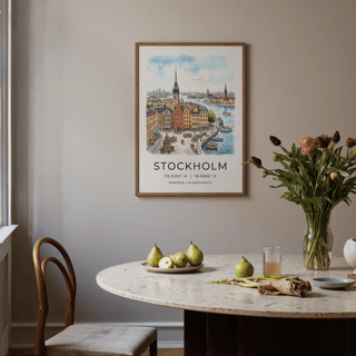 Line-and-wash Stockholm poster with ferry on the water and birds in the sky