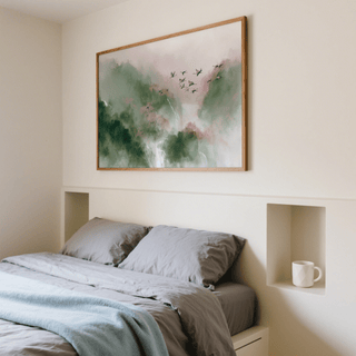 Watercolor Bird Print, Green and Pink wall art for lounge area