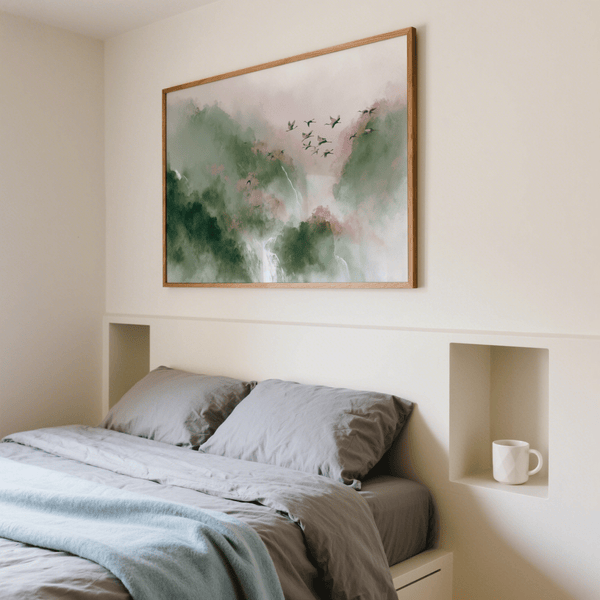 Watercolor Bird Print, Green and Pink wall art for lounge area