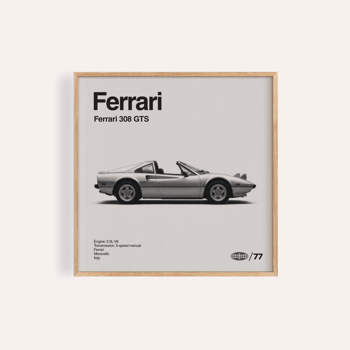 Ferrari 308 GTS Poster in Gray, Black and White for living room wall art
