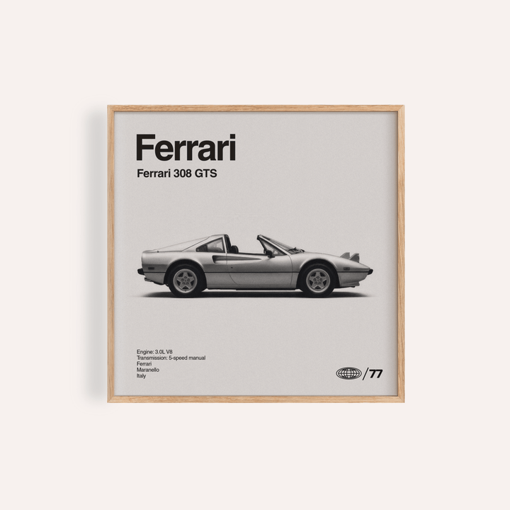 Ferrari 308 GTS Poster in Gray, Black and White for living room wall art