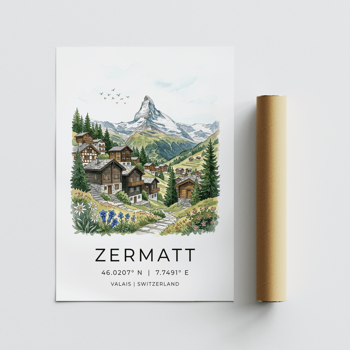 Chalet landscape wall art print with meadow flowers and pine trees