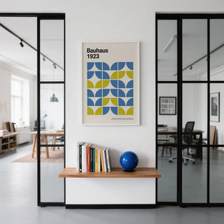 Abstract Bauhaus print for Modern Office Wall Decor, styled with shipping tube.
