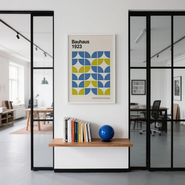 Abstract Bauhaus print for Modern Office Wall Decor, styled with shipping tube.