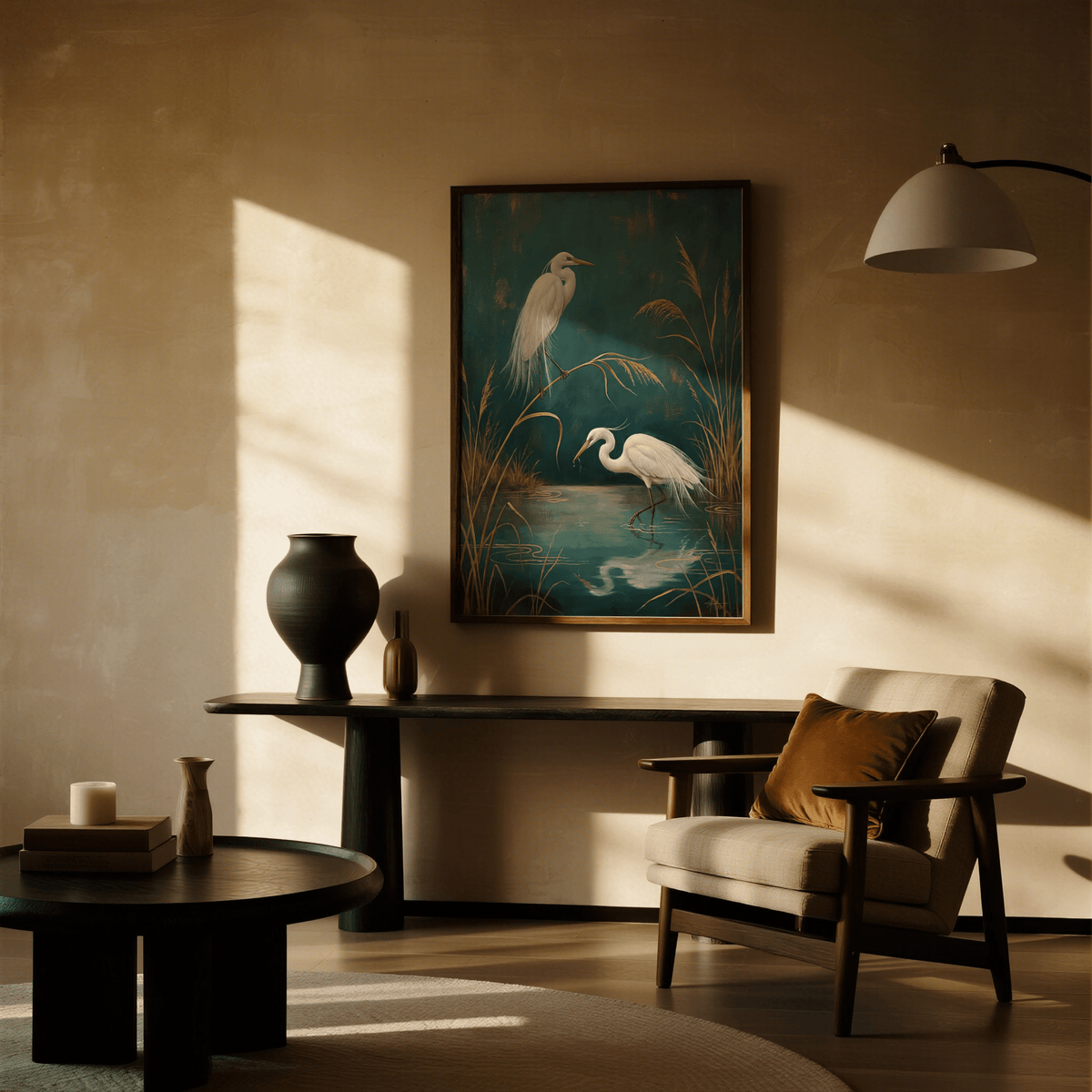 Egret Wall Art vibrant gold details with blue for hallway wall art