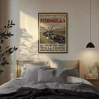Grand Prix Formula 1 Art Print poster with French text lines and a single car on a sweeping circuit