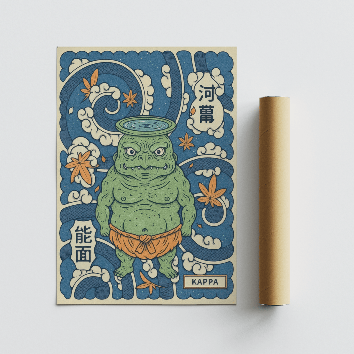 Vintage inspired kappa illustration with turquoise wave backdrop