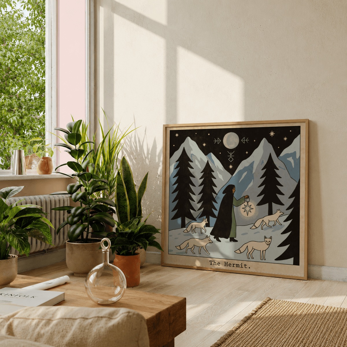 Full composition The Hermit Tarot Card Art print with mountains, pines, foxes, and bottom title text