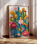 Lively Cactus Flower Art Print in pink orange for dining room wall art