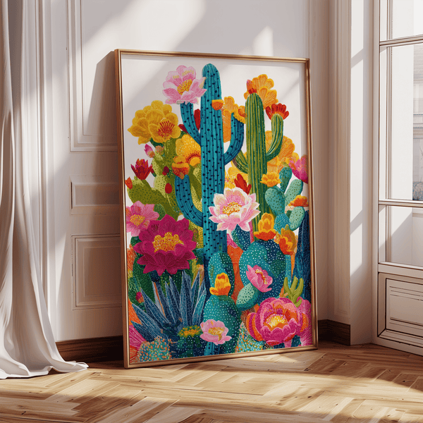 Lively Cactus Flower Art Print in pink orange for dining room wall art