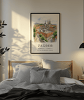 Watercolor-style cityscape print showing Zagreb cathedral towers, church roof pattern, and town square
