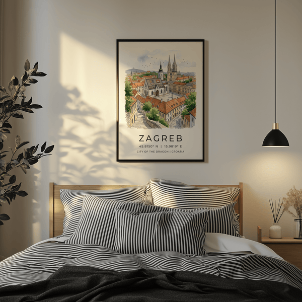 Watercolor-style cityscape print showing Zagreb cathedral towers, church roof pattern, and town square
