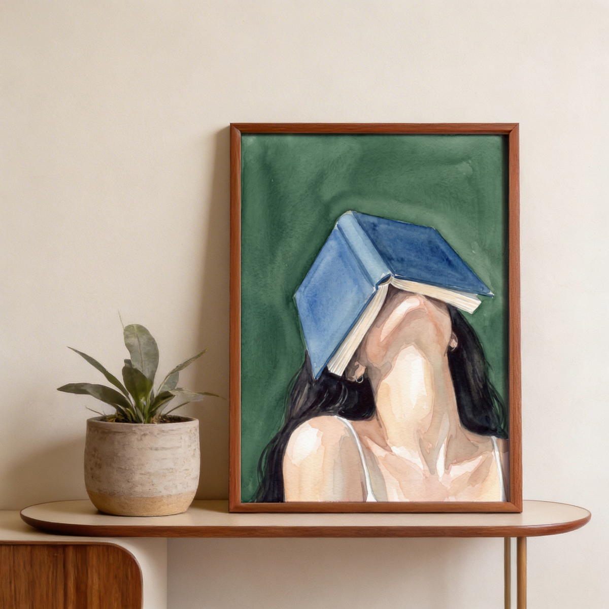 Detailed Woman Reading Portrait Print poster featuring watercolor brush texture and a book masking the face