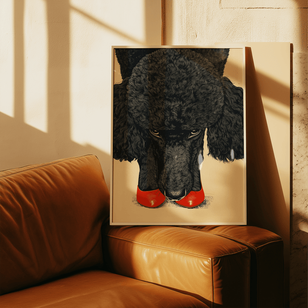 Poodle Wall Art featuring red shoes, perfect for hallway display