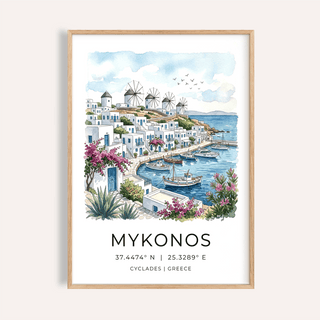 Framed Mykonos art print of a Mykonos seafront with windmills and blue watercolour sky