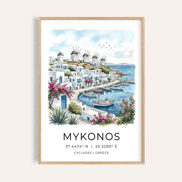 Watercolor Mykonos Art Print poster showing harbor boats and hillside windmills