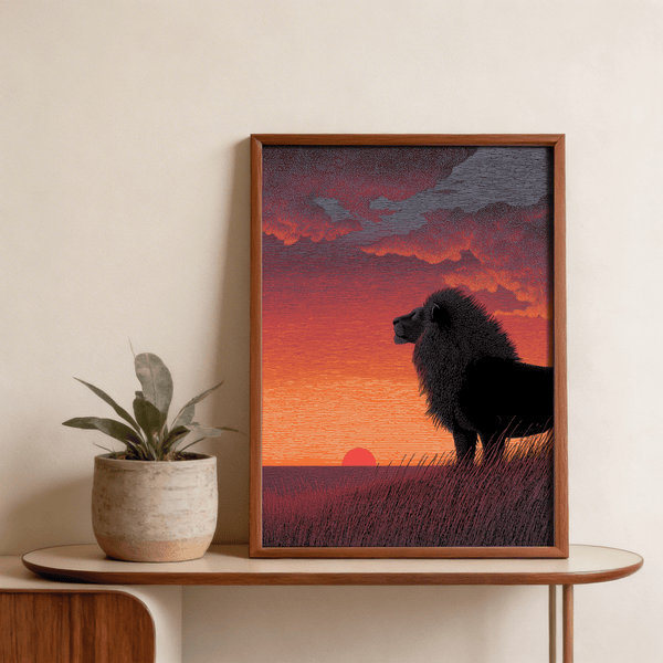 Majestic Lion Art Print poster style illustration with layered clouds