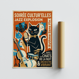 French lettering panel running vertically along left side of retro music art