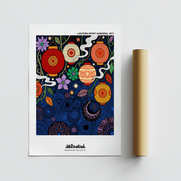 Botanical vine and star shapes on an illustrated lantern wall art print